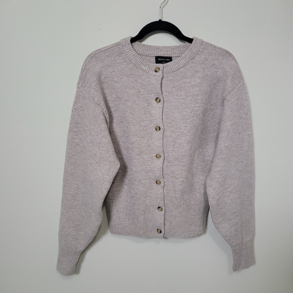 White Fox XS/S Button Front Cardigan Oatmeal Heather Crew Neck Knit‎ Sweater